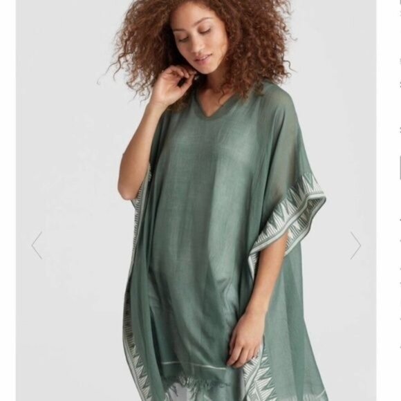 Eileen Fisher Green Embroidered Trim Organic Cotton Fringe Handwoven Kaftan OS - Picture 2 of 8